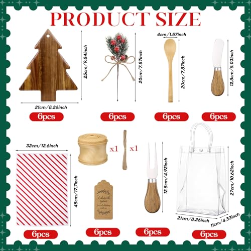 Potchen Christmas Wooden Cheese Board Set with Utensils and Towels - Tree A, 6 Pieces