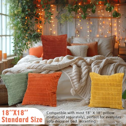 Breling Set of 4 Boho Striped Corduroy Throw Pillow Covers 18x18