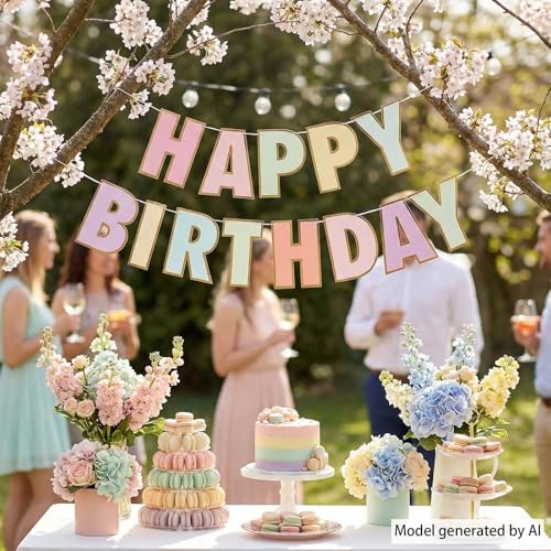 Macaron Happy Birthday Banner - Pastel Rainbow Party Decor