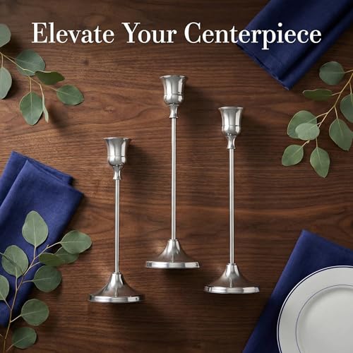 SylvaCraft 3-Piece Silver Metal Tapered Candle Holder Set for Table Decor
