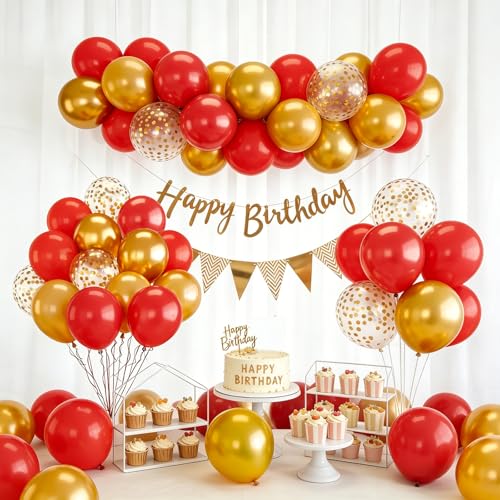 CapLab 68pcs Red & Gold Balloon Arch Kit with Confetti Latex Balloons