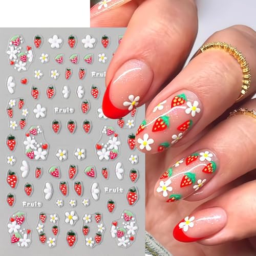 Quezadyl 5D Embossed Flower & Strawberry Nail Art Stickers - 4 Sheets Daisy Decals