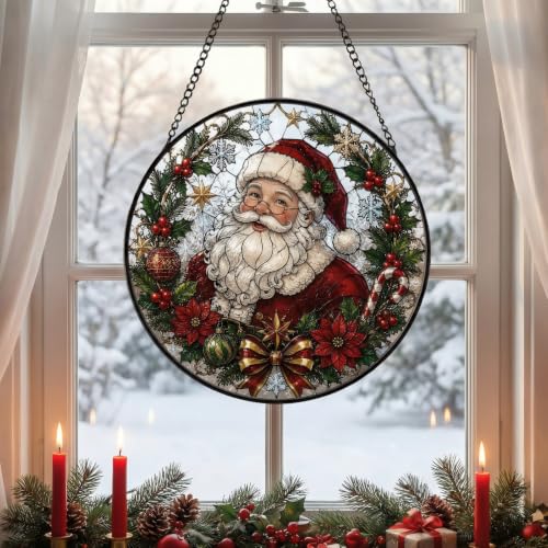 Christmas Santa Claus Stained Glass Suncatcher for Window Hanging - Red Santa, 7.9"