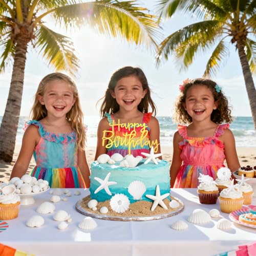17PCS White Gold Seashell Cake Toppers for Beach Theme Party