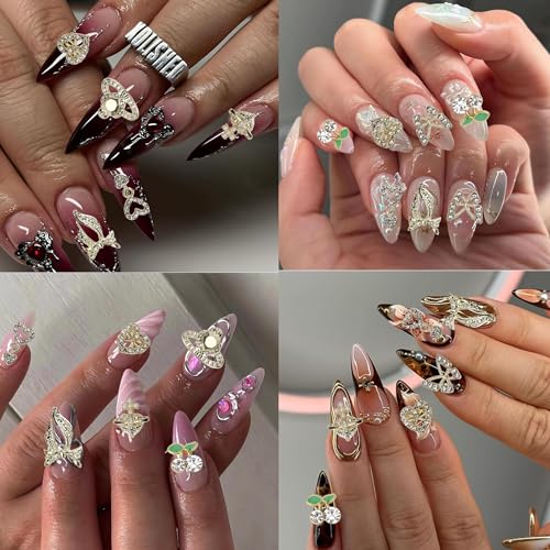COOSLIM 45PCS Gold Y2k Nail Charms 3D Rhinestone Bow Butterfly Gems