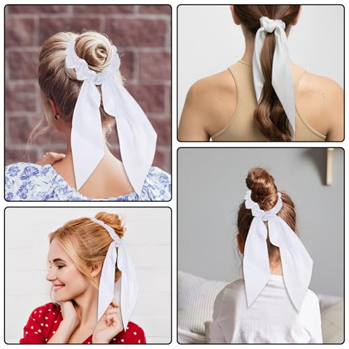 Mabor White Satin Hair Scrunchies with Bow Tails - 2 Pcs Elastic Hair Scarf
