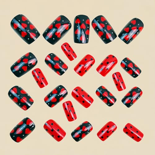 Valentine's Day Press On Nails Medium Square Red Heart Fake Nails 24 Pcs