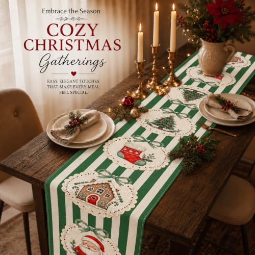 Green Stripe Candy Cane Poinsettia Christmas Table Runner 13 x 108 Inch Holiday Decor