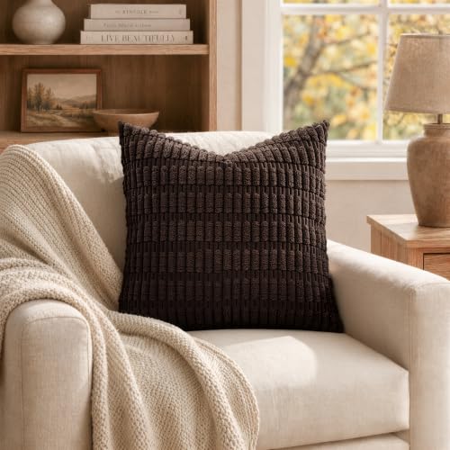 MIULEE Corduroy Throw Pillow Covers 18x18 Inch, Dark Brown Set of 2
