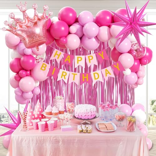 Hot Pink Birthday Decorations Set with Balloons, Banner and Fringe Curtain