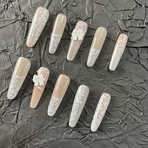MellowBells Handmade White Press-on Nails - 10pc Long Luxury Set