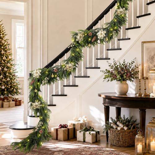 Green 9FT Christmas Prelit Norfolk Pine Garland with Lights & Decorations