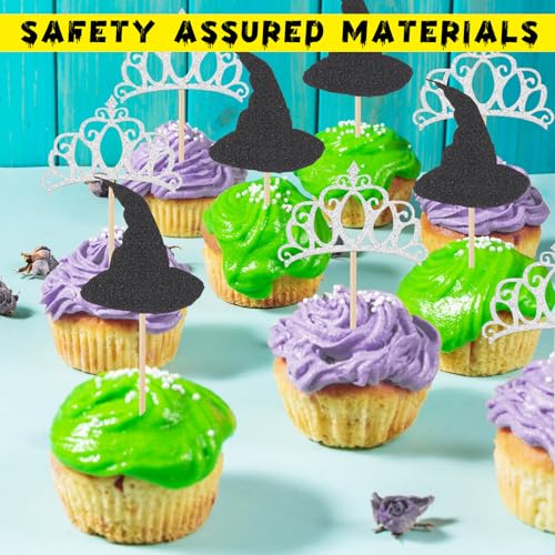 Witch Hat & Crown Cupcake Toppers - 24 Pcs Halloween Party Decor