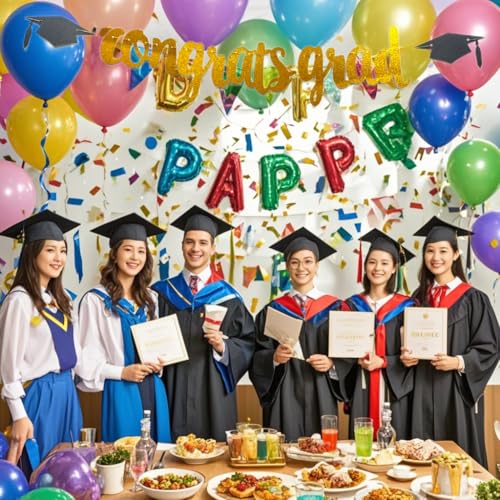 Congrats Grad Glitter Banner with Cap Garland Gold Party Decoration