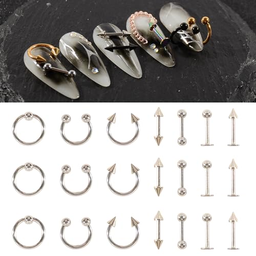Punk Nail Charms Set - 14 Tungsten Carbide Studs & Rings