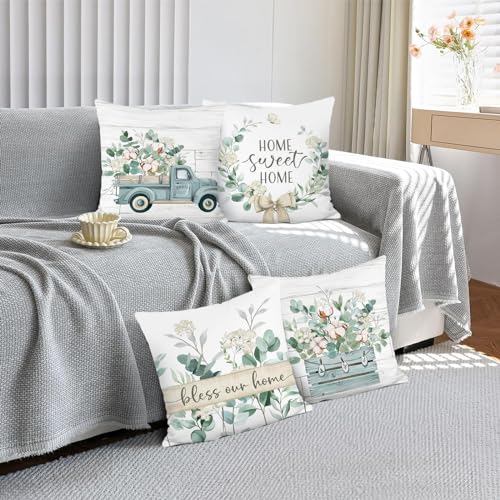 Eucalyptus Leaves Throw Pillow Covers Set of 4 - 18x18 Inch Velvet Decorative Cushions for Home Decor