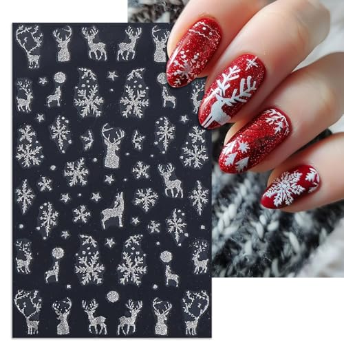 Glitter Christmas Nail Stickers Winter Silver Snowflake Elk Decals 5 Sheets