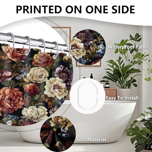 Boho Floral Shower Curtain Set - Vintage Red Flower Design, 72x72