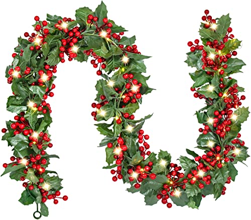6FT Red Berry Holly Christmas Garland with Lights - Battery Operated