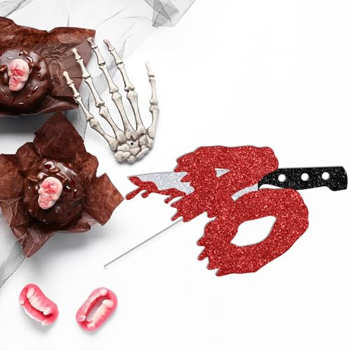 Red Glitter 40 Cake Topper with Blood Knife | Horror Party Decor