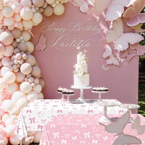 4 Pcs Pink & White Bow Table Cloths for Birthday Parties - 51 x 86 in