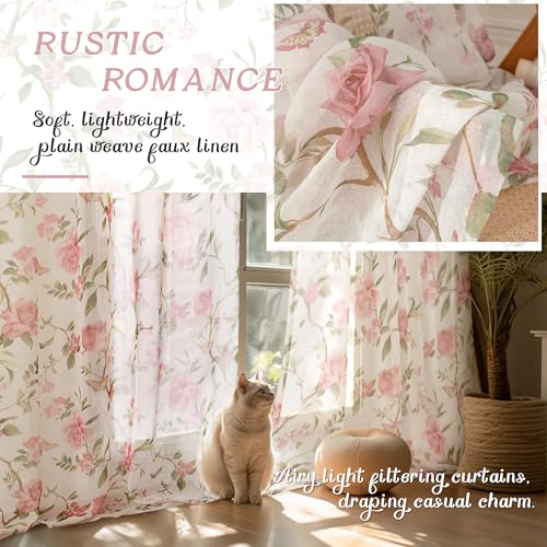 Lajode Pink Floral Semi-Sheer Cafe Curtains 30x36 Inch - 2 Panels