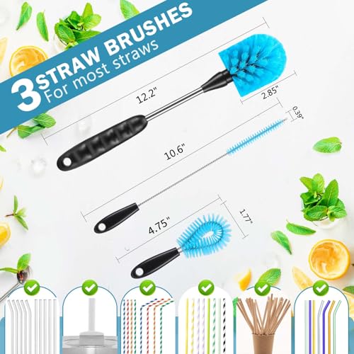 3-in-1 Bottle Brush Set - 12.2 Inch Long-Handled Kitchen Cleaner - Blue