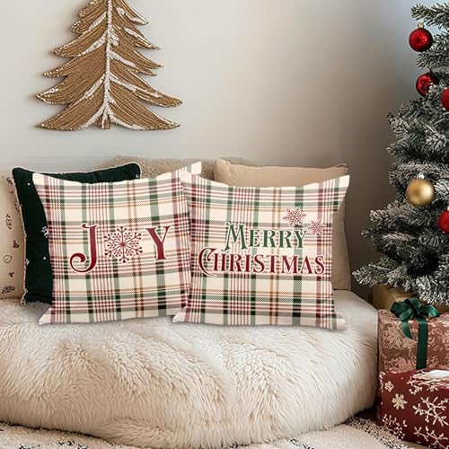 Christmas Throw Pillow Covers Set of 2 - White 20x20 Plaid Holiday Decor