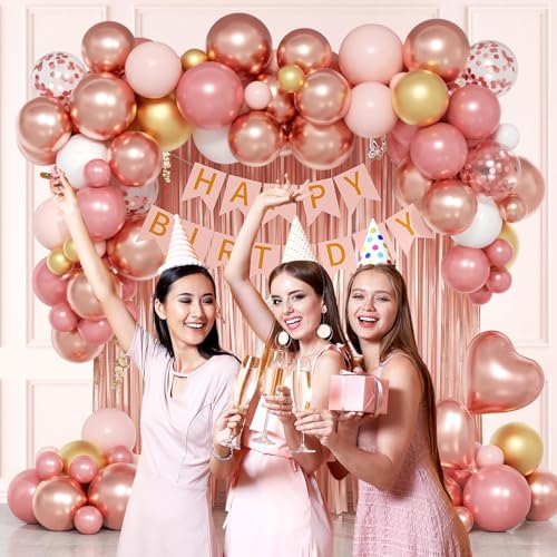 Rose Gold Birthday Decorations Set with Balloons, Banner and Fringe Curtain