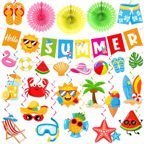 Summer Party Decorations Set with Banner, Garlands, Swirls & Paper Fans