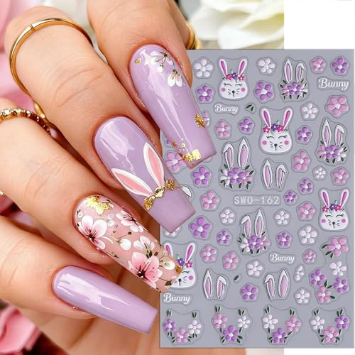 Easter Nail Stickers 3D Embossed Rabbit Spring Flower Decals 2 Sheets