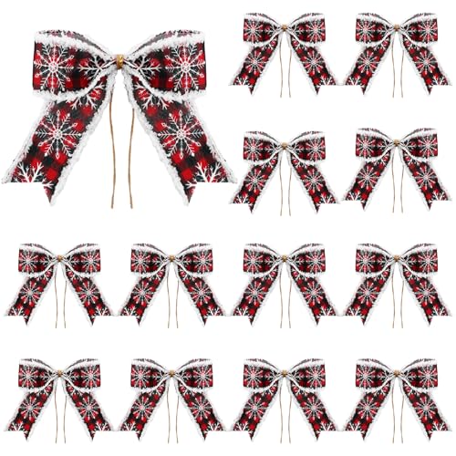 12 Red and Black Christmas Burlap Plaid Decorative Bows - 7"