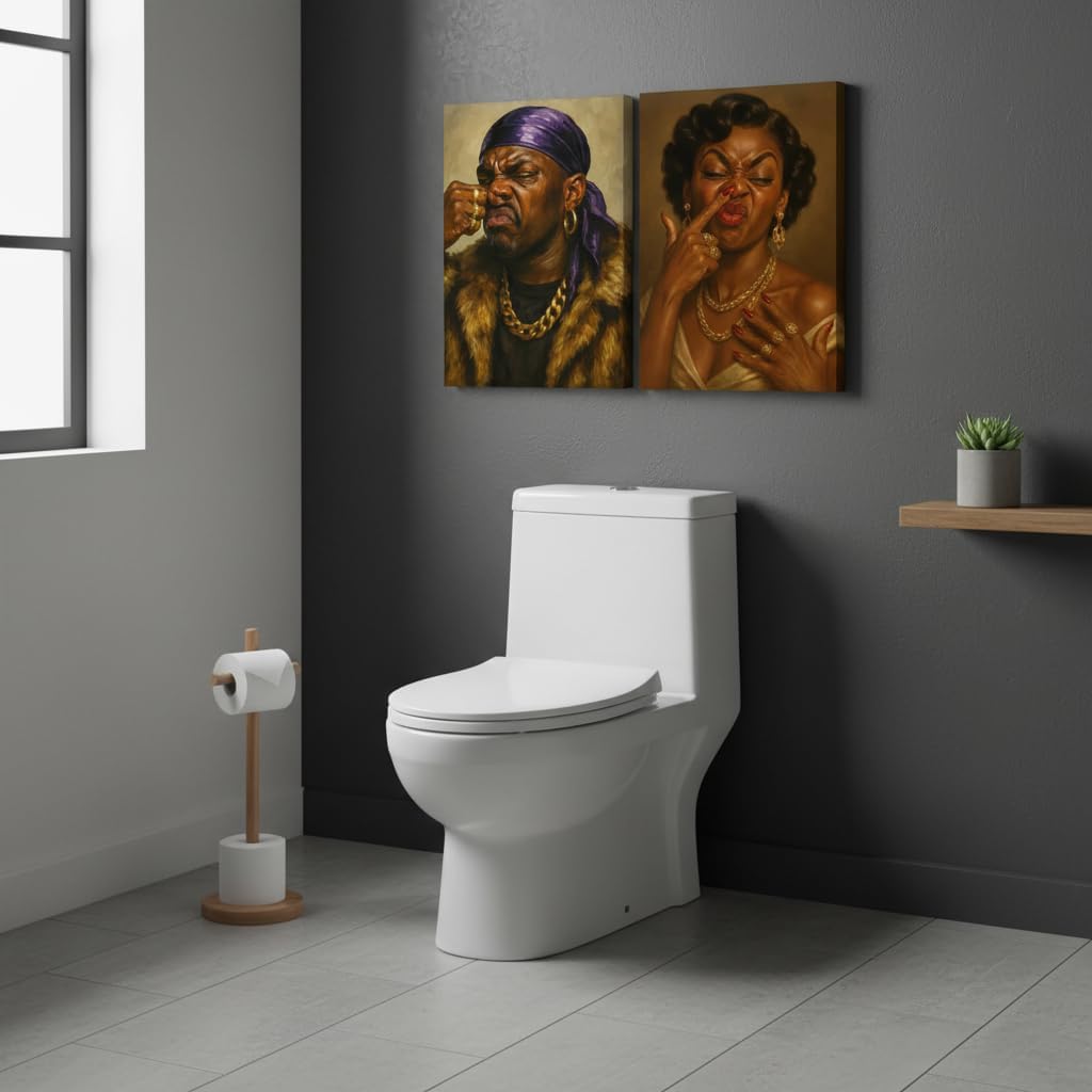 TEOVGKN Funny African American Bathroom Wall Art - Humorous Black Couple Nose Pinching Posters | Framed 12x16 in