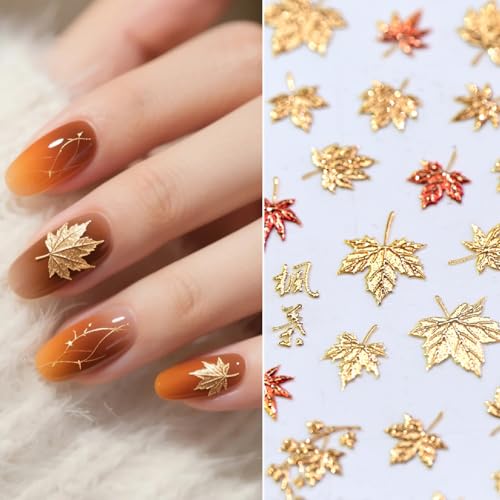 SHUXILIN 5D Embossed Fall Maple Leaf Nail Stickers Self-Adhesive Art Decals