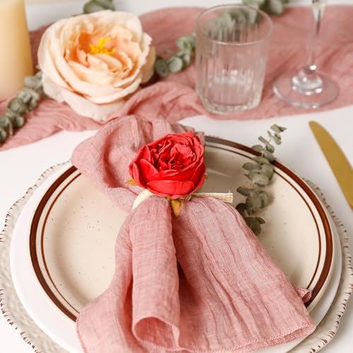 Red Handmade Flower Napkin Rings Set of 6 with Jute Bow for Summer Wedding Party