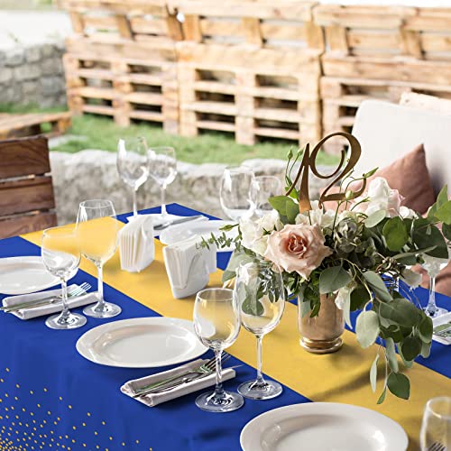 Blue and Gold 8-Pack Disposable Plastic Tablecloths with Satin Table Runner Set for Weddings and Parties
