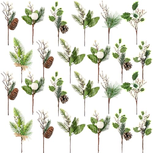 Elegant 24 Pcs Christmas Floral Picks Snowy Pine Cones Holly Greenery Holiday Decor