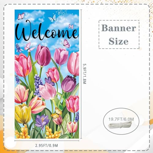 Spring Floral Welcome Door Banner - Tulip & Butterfly Porch Decor 35.4x70.9"
