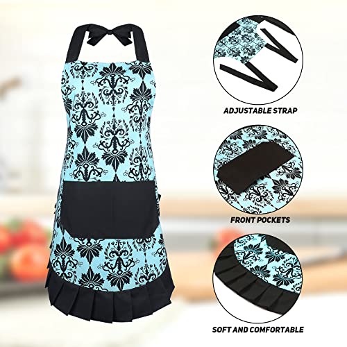 G2PLUS Vintage Cotton Apron for Women - Blue & Black Ruffle Kitchen & Baking Apron with Big Pocket - Adjustable Neck, Holiday Gift