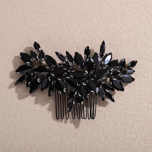 Denifery Crystal Leaf Bridal Hair Comb Black Rhinestone Headpiece