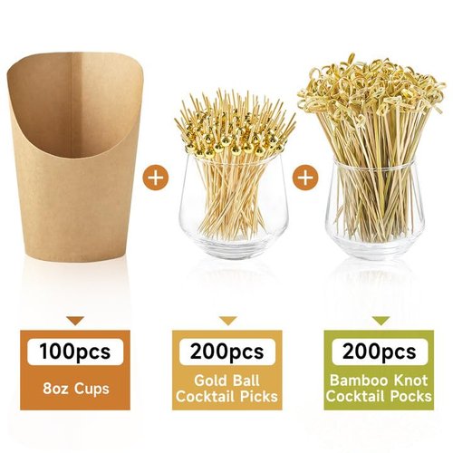 ZORRITA 100 Sets 8 oz Small Charcuterie Cups with Sticks, Disposable Kraft Paper Charcuterie Boxes French Fry Holder Individual Appetizer Serving Cup (100 Cups + 400 Cocktail Picks)