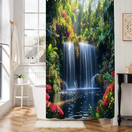 Forest Waterfall Shower Curtain, 70x70 Inch Polyester with Hooks