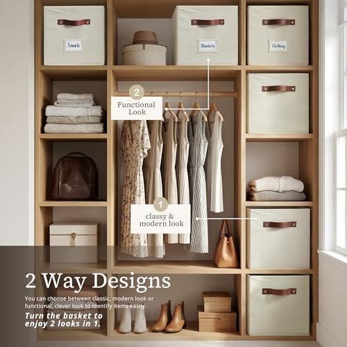 DECOMOMO Fabric Storage Bins - 10.5" x 11" Cube Bins with Labels (2pcs, Beige)