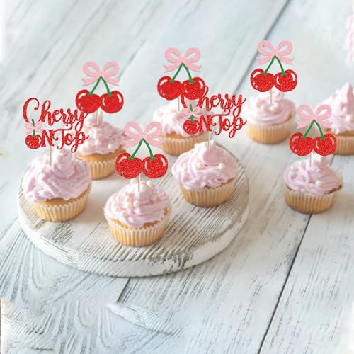 24 PCS Cherry On Top Cupcake Toppers - Glitter Cherry Picks, Design 1