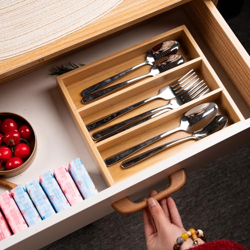 Fibogollo Bamboo Silverware Organizer - Natural 3 Compartment Utensil Tray