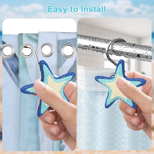 Blue & White Starfish Shower Curtain Hooks Set of 12