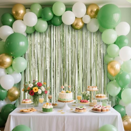 Sage Green Foil Fringe Curtain Set - 4 Pack Tinsel Backdrop for Parties