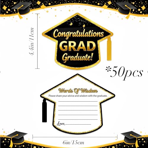 2026 Graduation Advice Cards - 50 Black & Gold Cap-Shaped Keepsakes