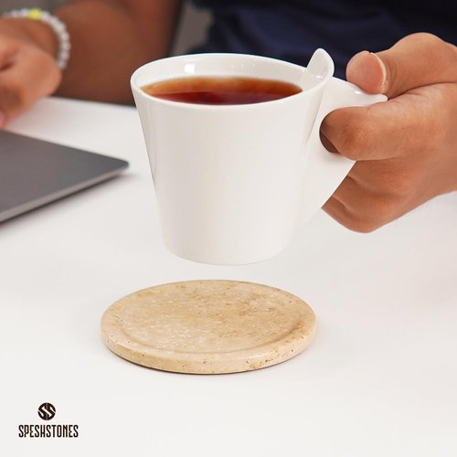 SPESHSTONES Marble Coasters Set of 6 Round 3.5 Inch Travertine Coaster for Drinks with Holder - Ideal Stone Drink Coasters for Coffee Bar Accessories, Gifts, Dining Table & Home Décor