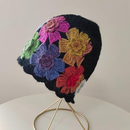 1Pcs Flower Crochet Vintage Beanie Hollow Hat Breathable Knitted Skull Hat Lightweight Elastic Knit Hats for Women (Flower Color Random) Multi